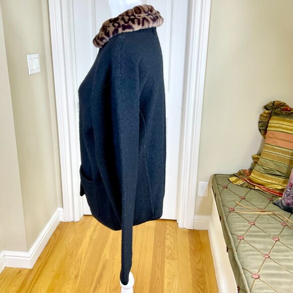 Talley Ho Cardigan Vintage Boiled Wool Black with Faux Leopard Print Collar (M) - Picture 2 of 8